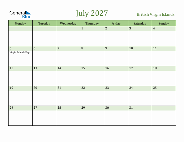 July 2027 Calendar with British Virgin Islands Holidays