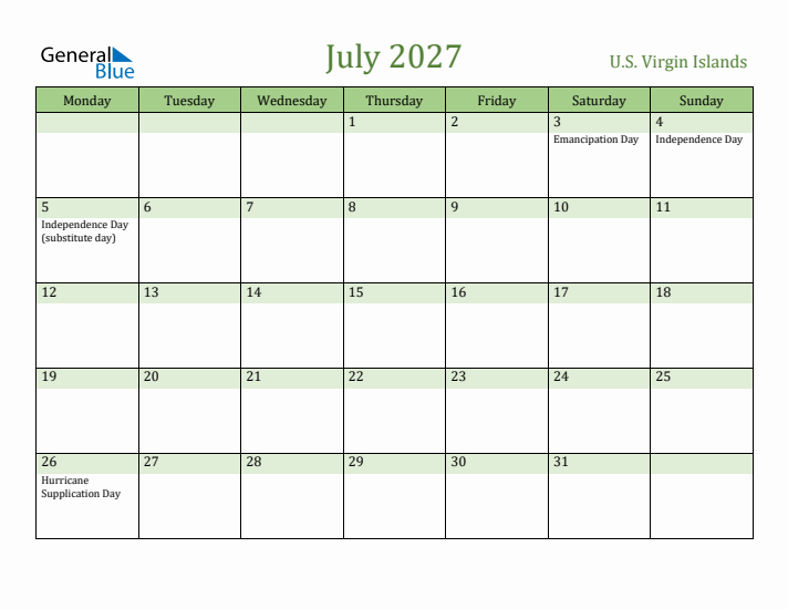 July 2027 Calendar with U.S. Virgin Islands Holidays
