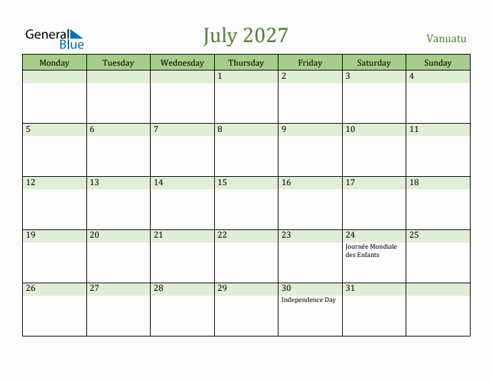 July 2027 Calendar with Vanuatu Holidays