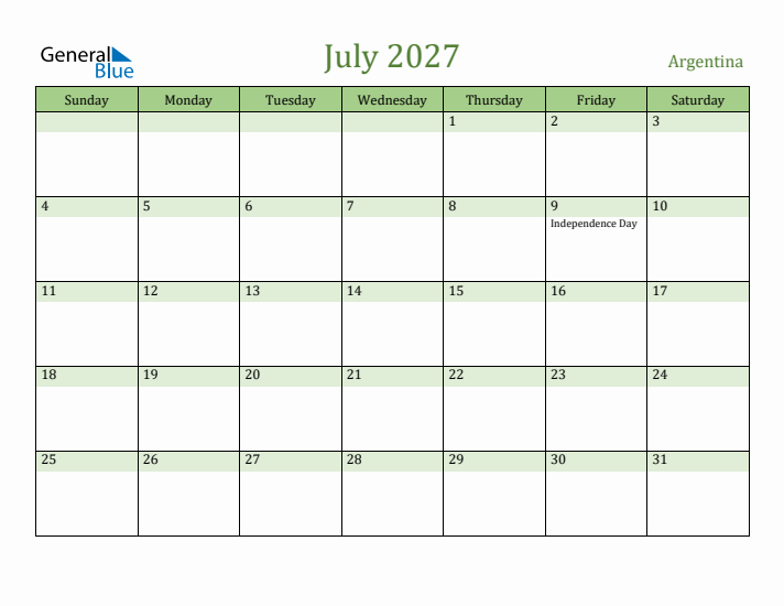 July 2027 Calendar with Argentina Holidays