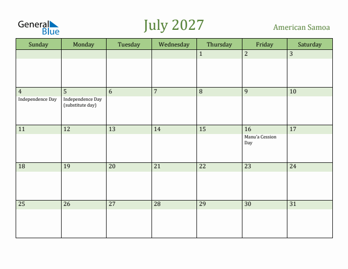 July 2027 Calendar with American Samoa Holidays