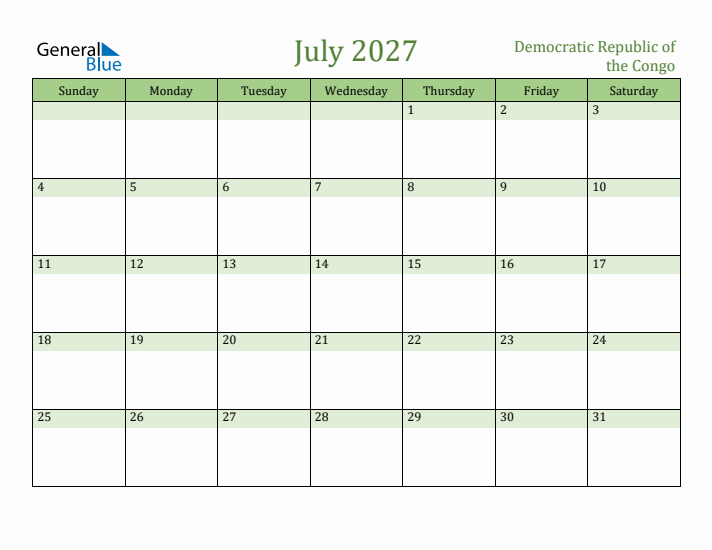 July 2027 Calendar with Democratic Republic of the Congo Holidays
