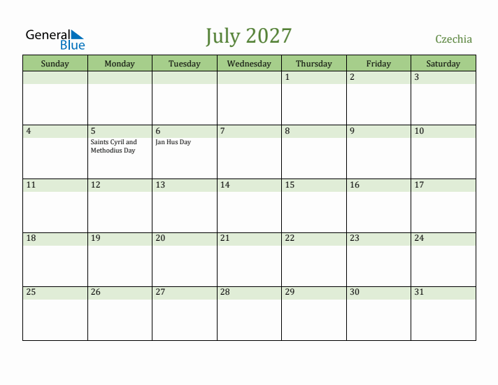 July 2027 Calendar with Czechia Holidays