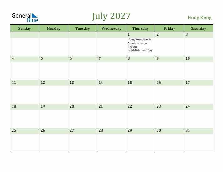 July 2027 Calendar with Hong Kong Holidays