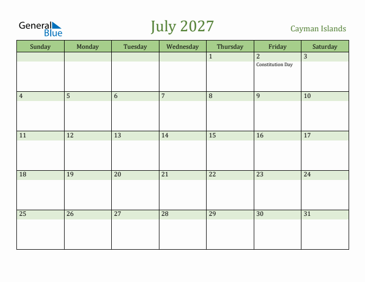 July 2027 Calendar with Cayman Islands Holidays