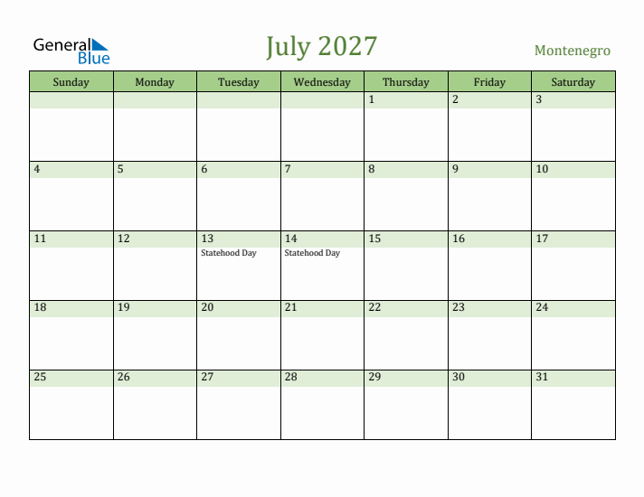 July 2027 Calendar with Montenegro Holidays