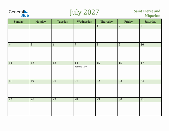 July 2027 Calendar with Saint Pierre and Miquelon Holidays