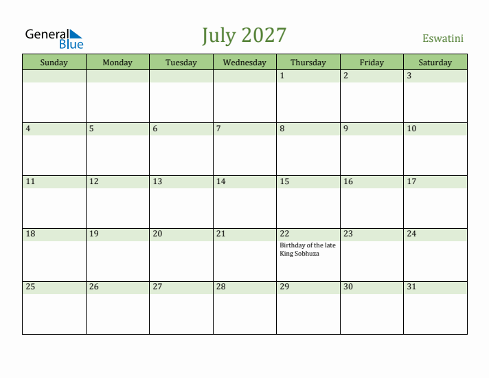 July 2027 Calendar with Eswatini Holidays
