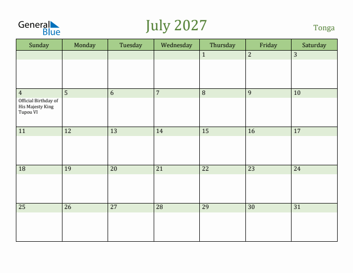 July 2027 Calendar with Tonga Holidays