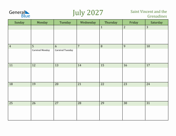 July 2027 Calendar with Saint Vincent and the Grenadines Holidays