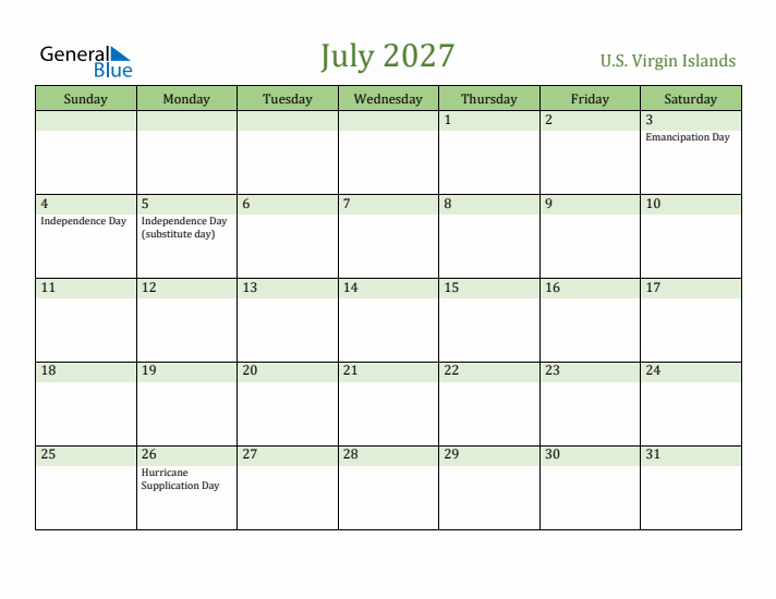 July 2027 Calendar with U.S. Virgin Islands Holidays