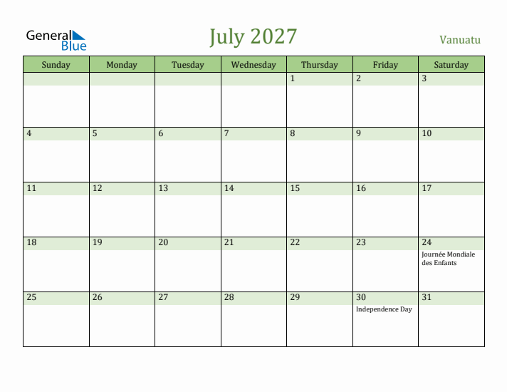 July 2027 Calendar with Vanuatu Holidays