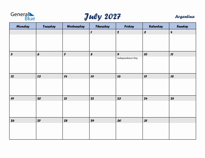 July 2027 Calendar with Holidays in Argentina