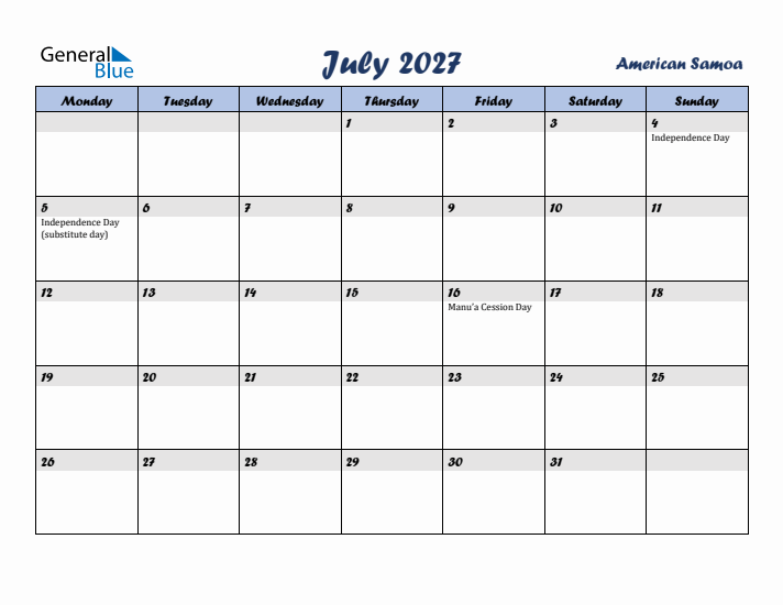 July 2027 Calendar with Holidays in American Samoa