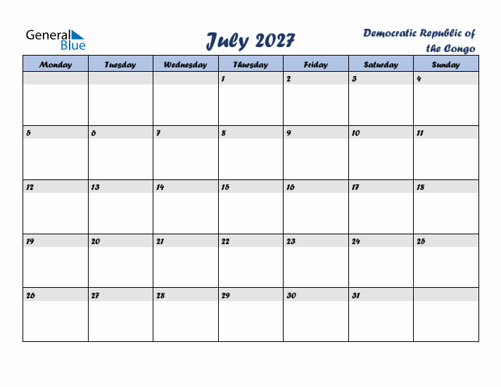 July 2027 Calendar with Holidays in Democratic Republic of the Congo