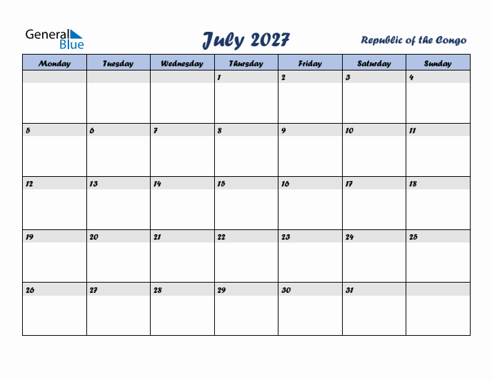 July 2027 Calendar with Holidays in Republic of the Congo