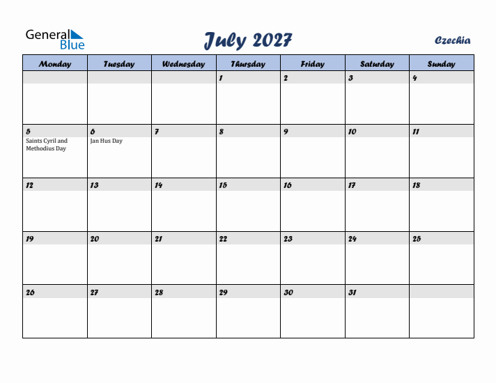 July 2027 Calendar with Holidays in Czechia