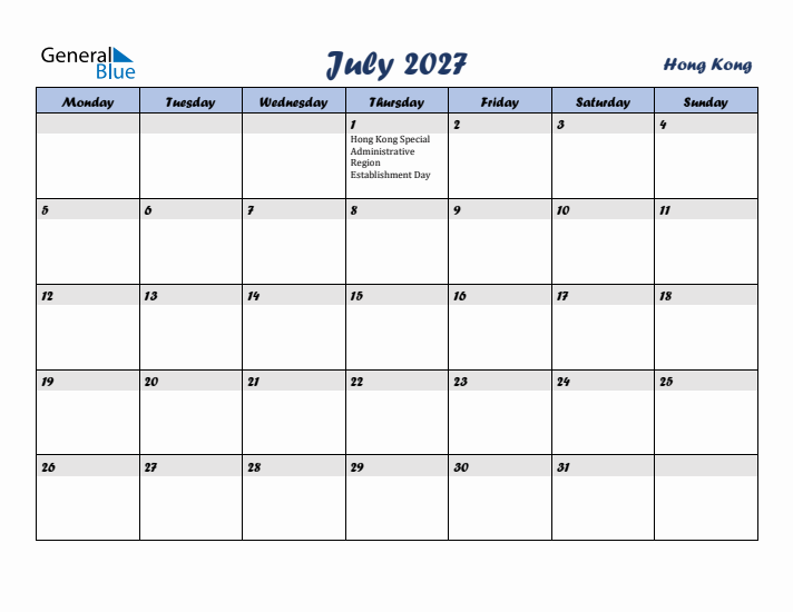 July 2027 Calendar with Holidays in Hong Kong
