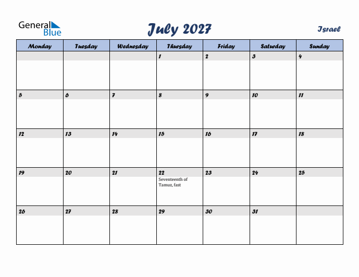 July 2027 Calendar with Holidays in Israel