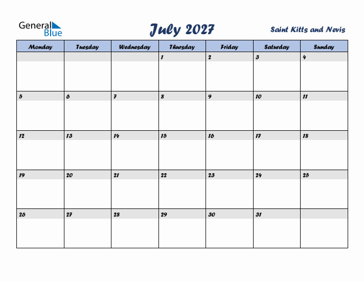 July 2027 Calendar with Holidays in Saint Kitts and Nevis