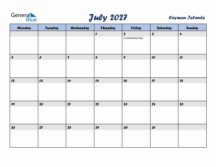July 2027 Calendar with Holidays in Cayman Islands