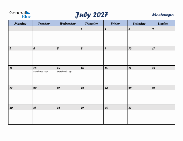 July 2027 Calendar with Holidays in Montenegro