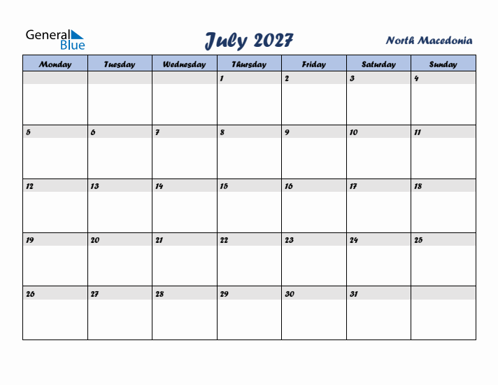 July 2027 Calendar with Holidays in North Macedonia