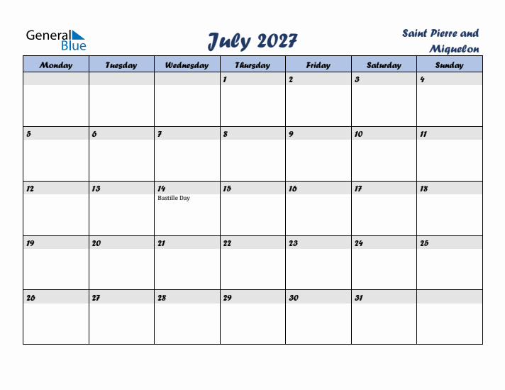 July 2027 Calendar with Holidays in Saint Pierre and Miquelon