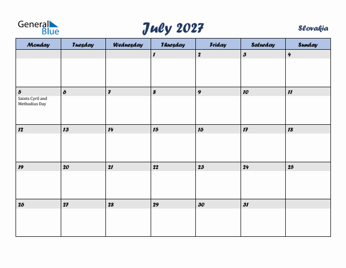 July 2027 Calendar with Holidays in Slovakia