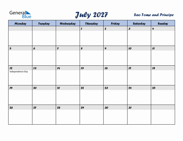 July 2027 Calendar with Holidays in Sao Tome and Principe