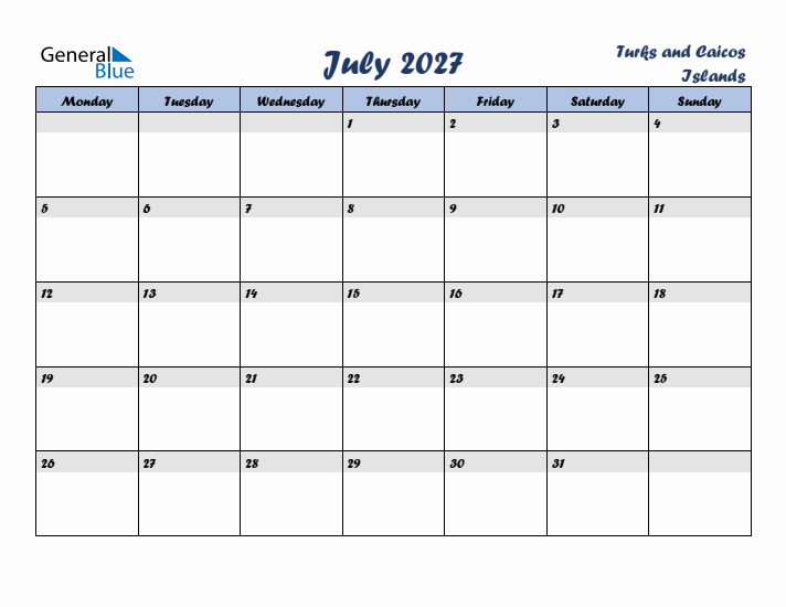 July 2027 Calendar with Holidays in Turks and Caicos Islands