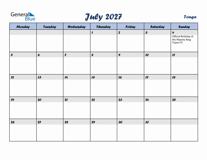 July 2027 Calendar with Holidays in Tonga