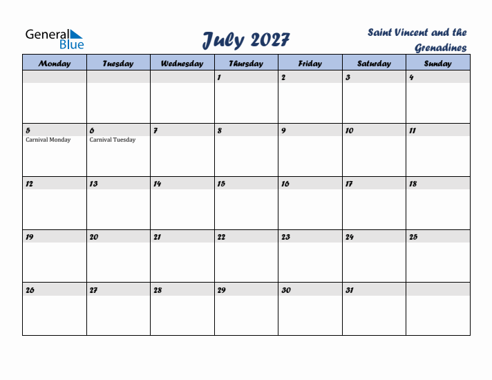 July 2027 Calendar with Holidays in Saint Vincent and the Grenadines