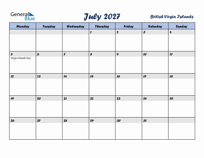 July 2027 Calendar with Holidays in British Virgin Islands