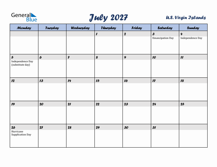 July 2027 Calendar with Holidays in U.S. Virgin Islands