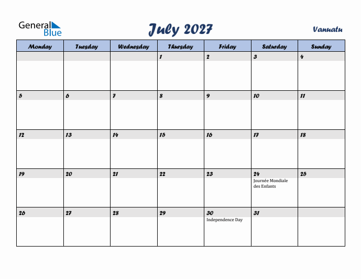 July 2027 Calendar with Holidays in Vanuatu