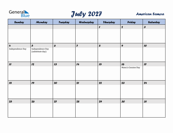 July 2027 Calendar with Holidays in American Samoa