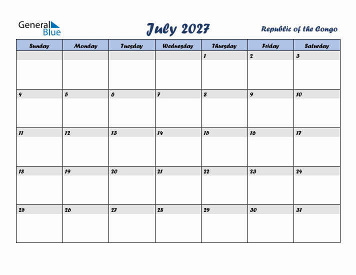 July 2027 Calendar with Holidays in Republic of the Congo