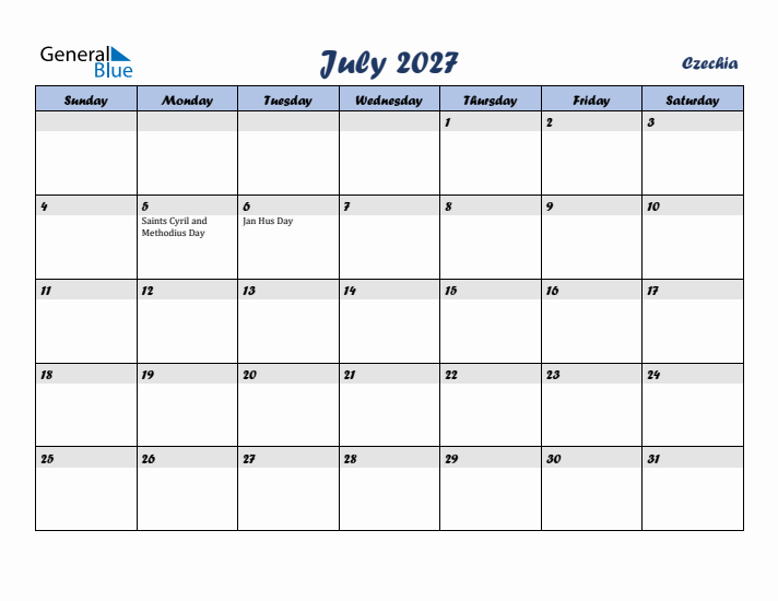July 2027 Calendar with Holidays in Czechia