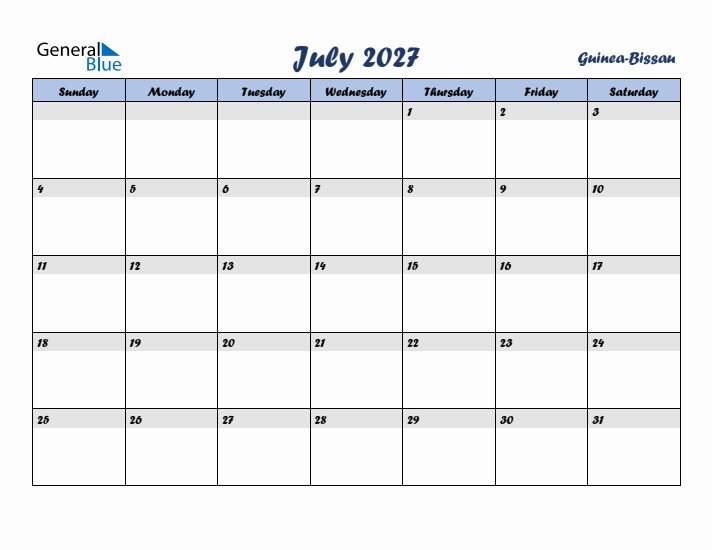 July 2027 Calendar with Holidays in Guinea-Bissau