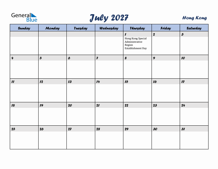 July 2027 Calendar with Holidays in Hong Kong