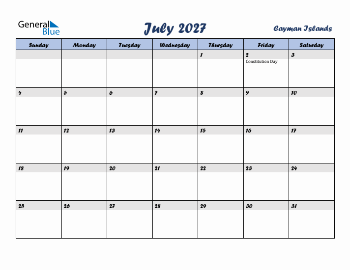July 2027 Calendar with Holidays in Cayman Islands