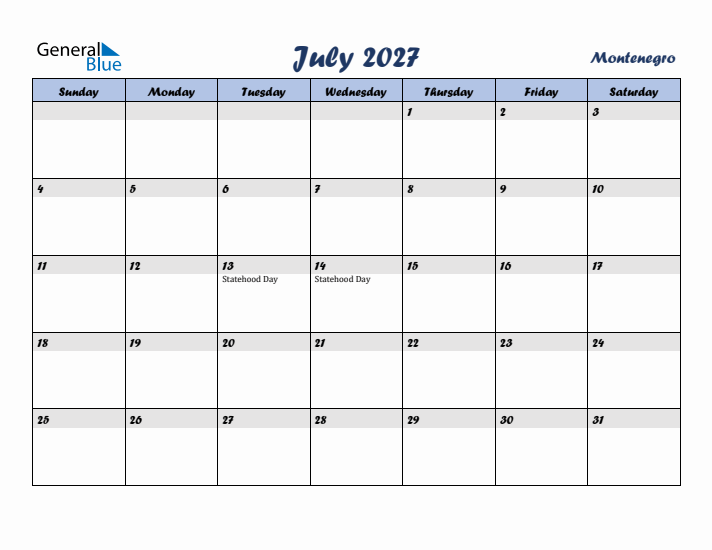 July 2027 Calendar with Holidays in Montenegro