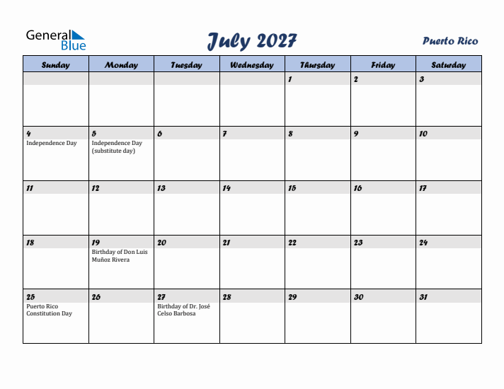 July 2027 Calendar with Holidays in Puerto Rico
