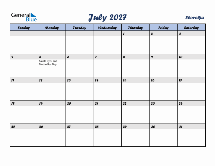 July 2027 Calendar with Holidays in Slovakia