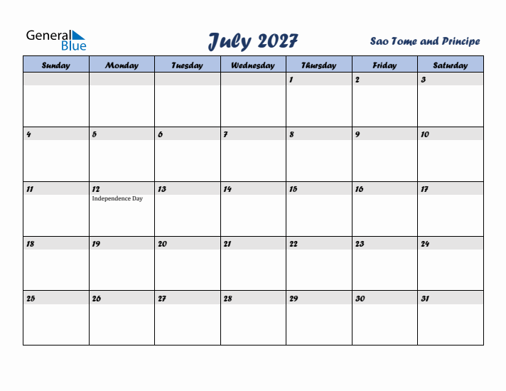 July 2027 Calendar with Holidays in Sao Tome and Principe