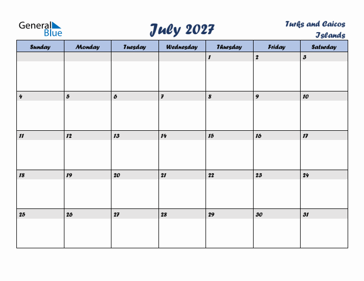July 2027 Calendar with Holidays in Turks and Caicos Islands