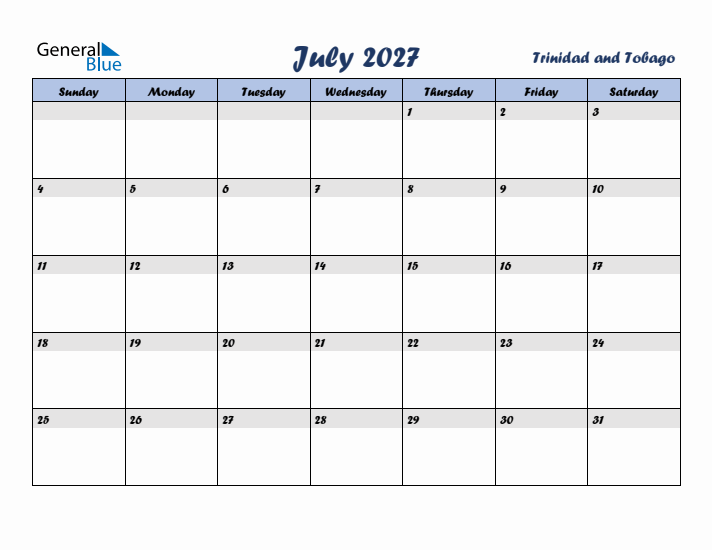 July 2027 Calendar with Holidays in Trinidad and Tobago