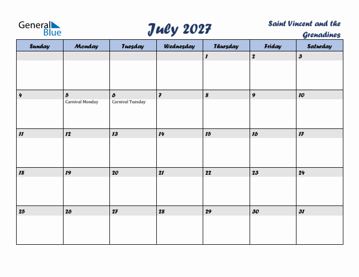 July 2027 Calendar with Holidays in Saint Vincent and the Grenadines