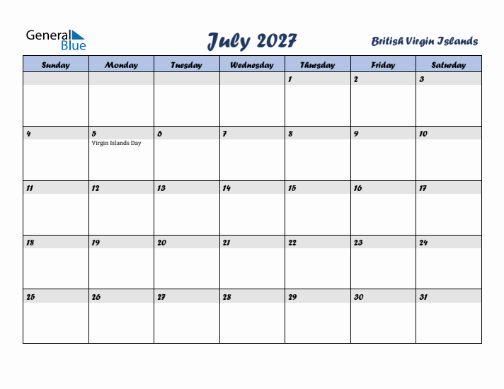 July 2027 Calendar with Holidays in British Virgin Islands